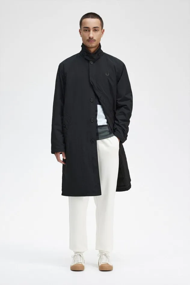Men Button Through Mac Black Fred Perry Coats and Jackets