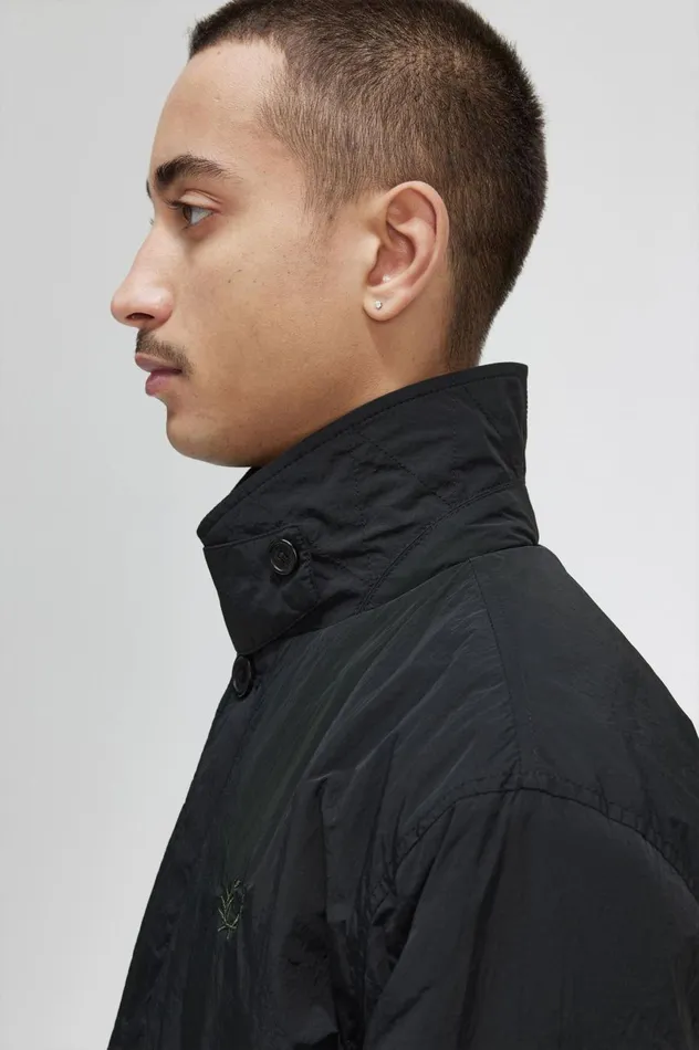 Men Button Through Mac Black Fred Perry Coats and Jackets