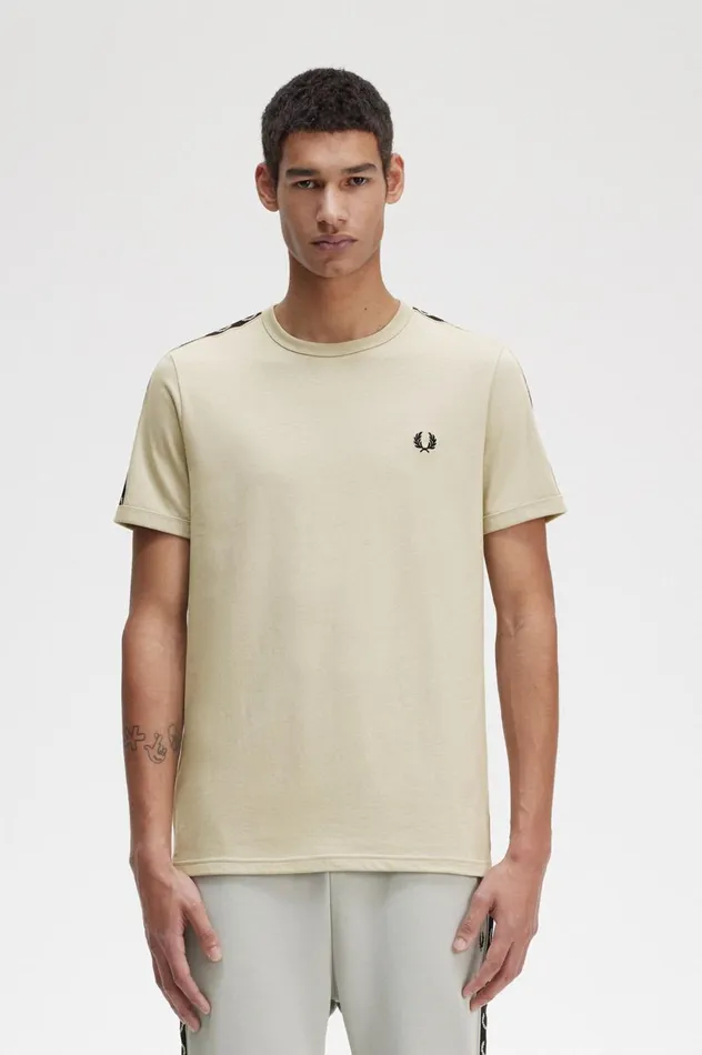 Men Contrast Tape Ringer TShirt Light Oysterblack Fred Perry TShirts