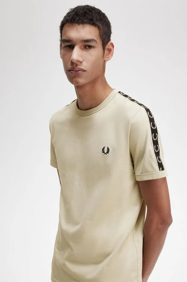 Men Contrast Tape Ringer TShirt Light Oysterblack Fred Perry TShirts