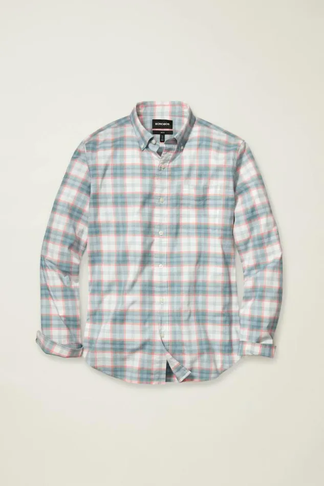 Men Everyday Shirt Mineral Blue Plaid Bonobos Business Casual Shirts