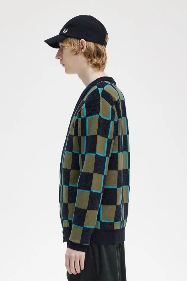 Men Glitch Chequerboard Cardigan Uniform Greenblack Fred Perry Knitwear