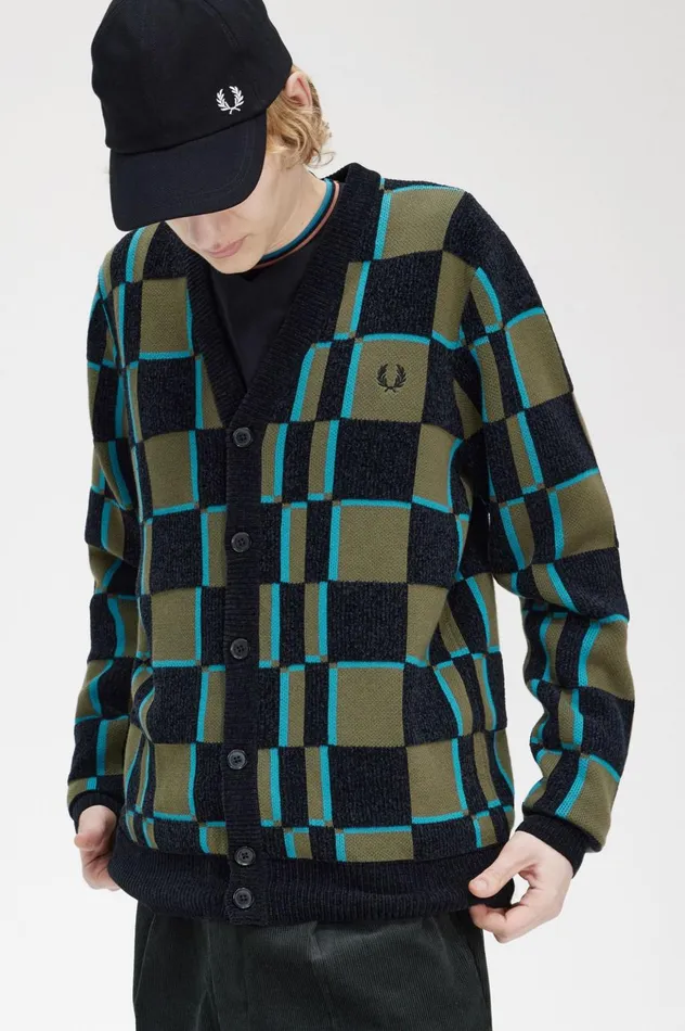 Men Glitch Chequerboard Cardigan Uniform Greenblack Fred Perry Knitwear