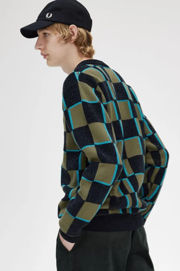 Men Glitch Chequerboard Cardigan Uniform Greenblack Fred Perry Knitwear