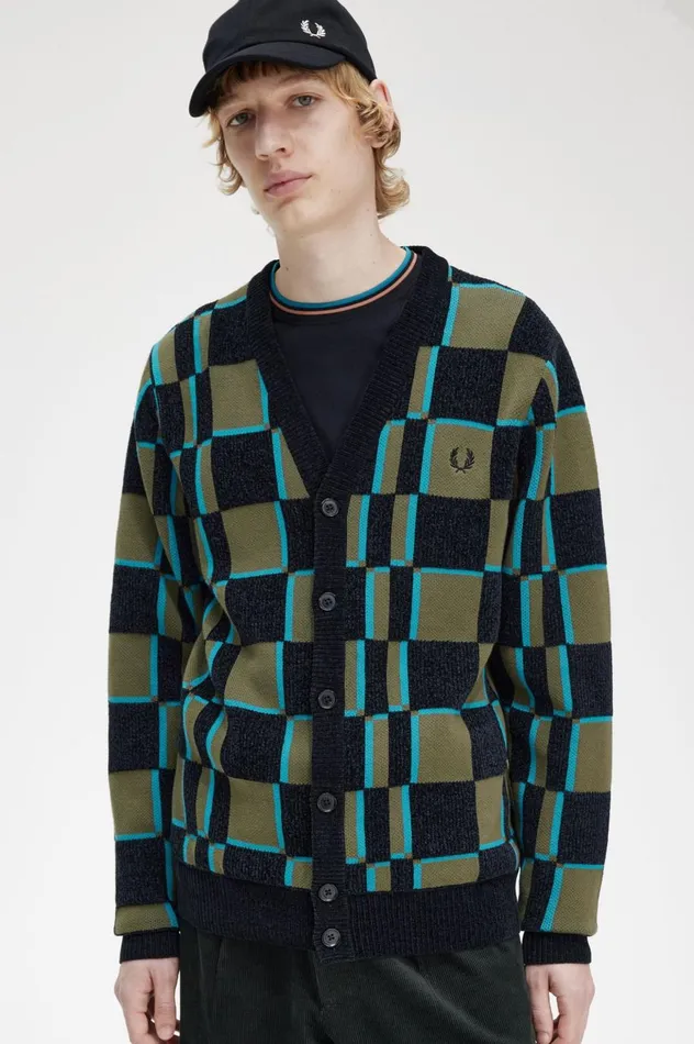 Men Glitch Chequerboard Cardigan Uniform Greenblack Fred Perry Knitwear