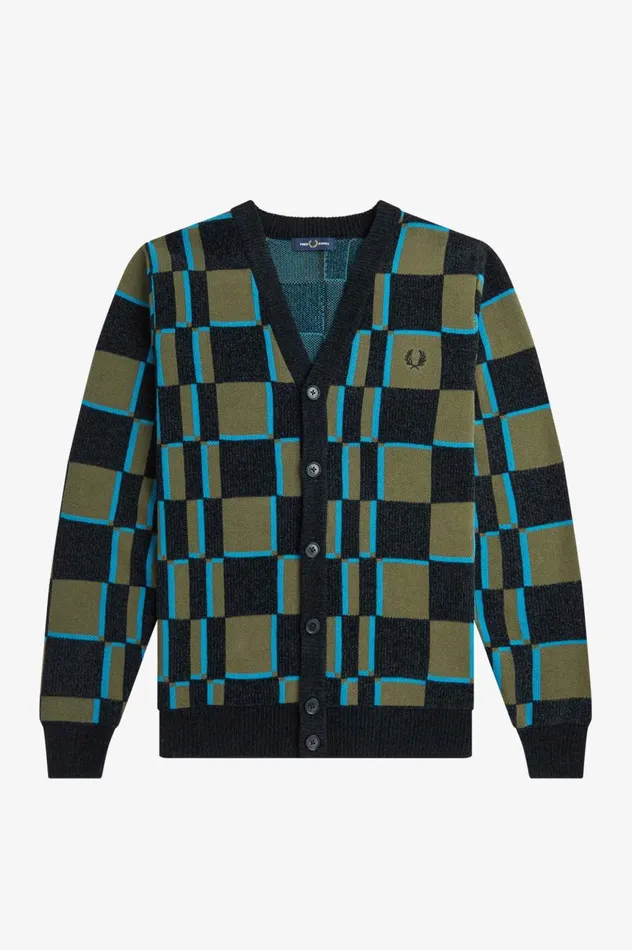 Men Glitch Chequerboard Cardigan Uniform Greenblack Fred Perry Knitwear