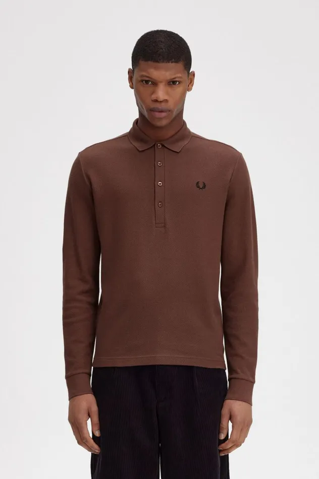 Men Honeycomb Cotton Long Sleeve Polo Shirt Whisky Brown Fred Perry Polo Shirts Men Honeycomb Cotton Long Sleeve Polo Shirt Whisky Brown Fred Perry Polo Shirts
