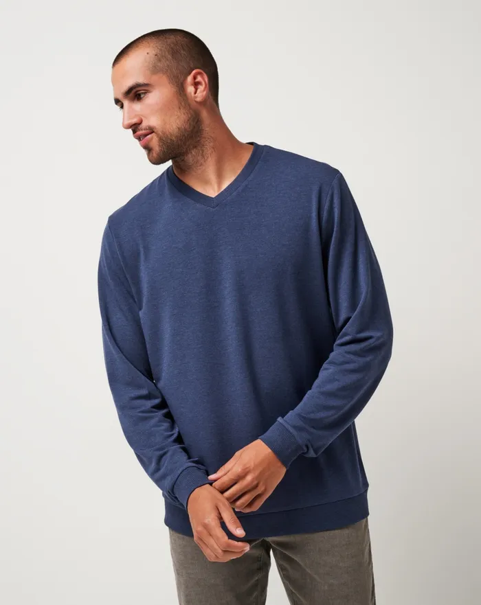 Men Hoodies and Sweatshirts TravisMathew AMENITIES VNECK CREW Heather Blue Nights Men Hoodies and Sweatshirts TravisMathew AMENITIES VNECK CREW Heather Blue Nights