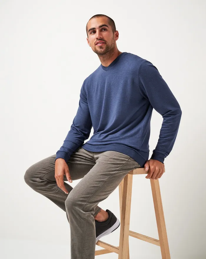 Men Hoodies and Sweatshirts TravisMathew AMENITIES VNECK CREW Heather Blue Nights