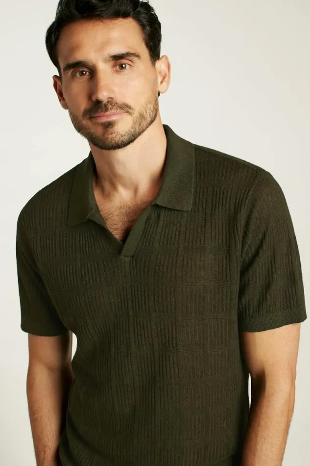 Men Hudson Italian Sweater Polo Dark Green Linen Bonobos Polos