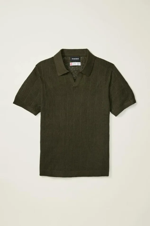 Men Hudson Italian Sweater Polo Dark Green Linen Bonobos Polos