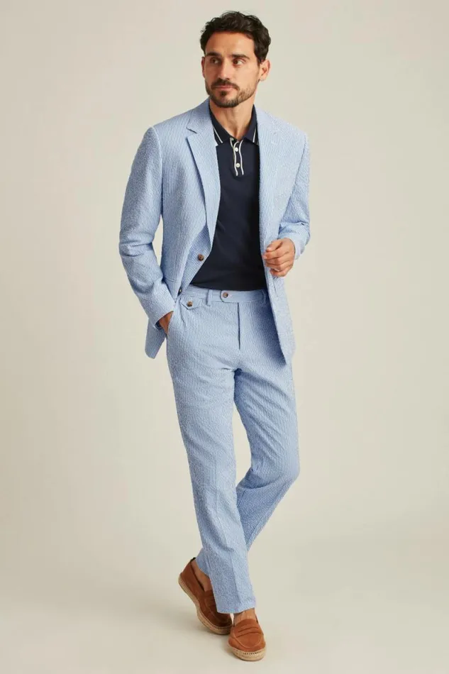 Men Italian Stretch Seersucker Suit Jacket Blue Seersucker Bonobos Blazers and Sport Coats