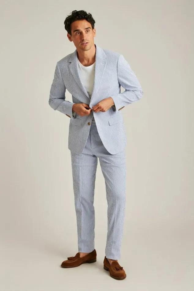 Men Italian Stretch Seersucker Suit Jacket Navy And White Seersucker Bonobos Blazers and Sport Coats