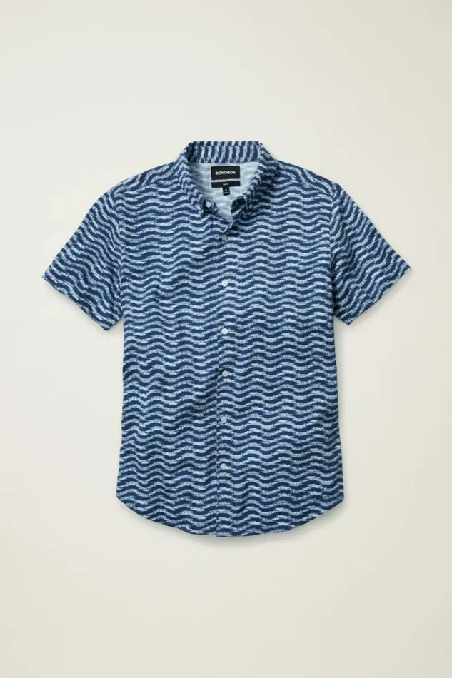 Men Jersey Riviera Shirt Navy Texture Wave Bonobos Short Sleeve Shirts