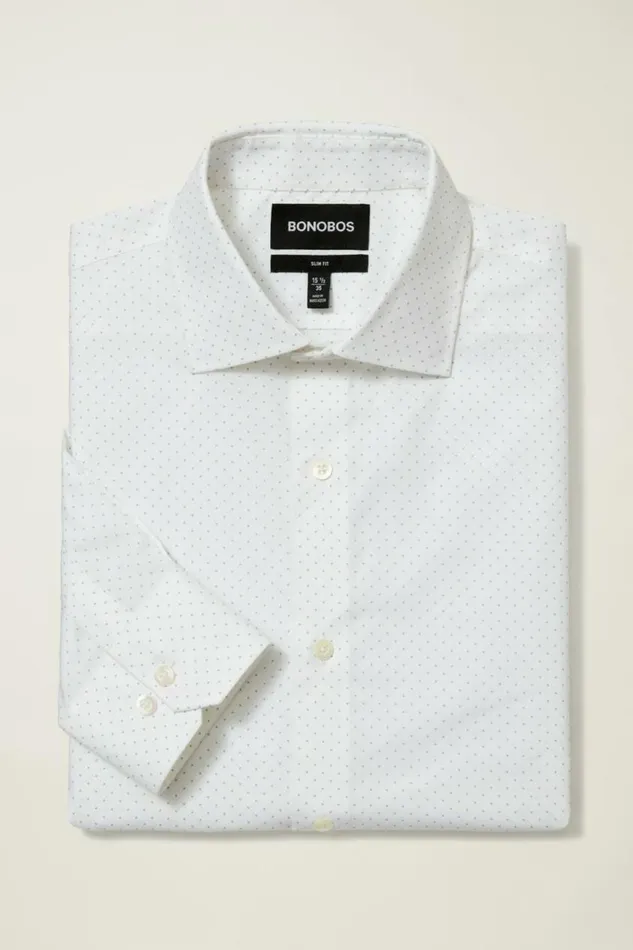 Men Jetsetter Stretch Dress Shirt White And Blue Micro Dot Bonobos Business Casual Shirts