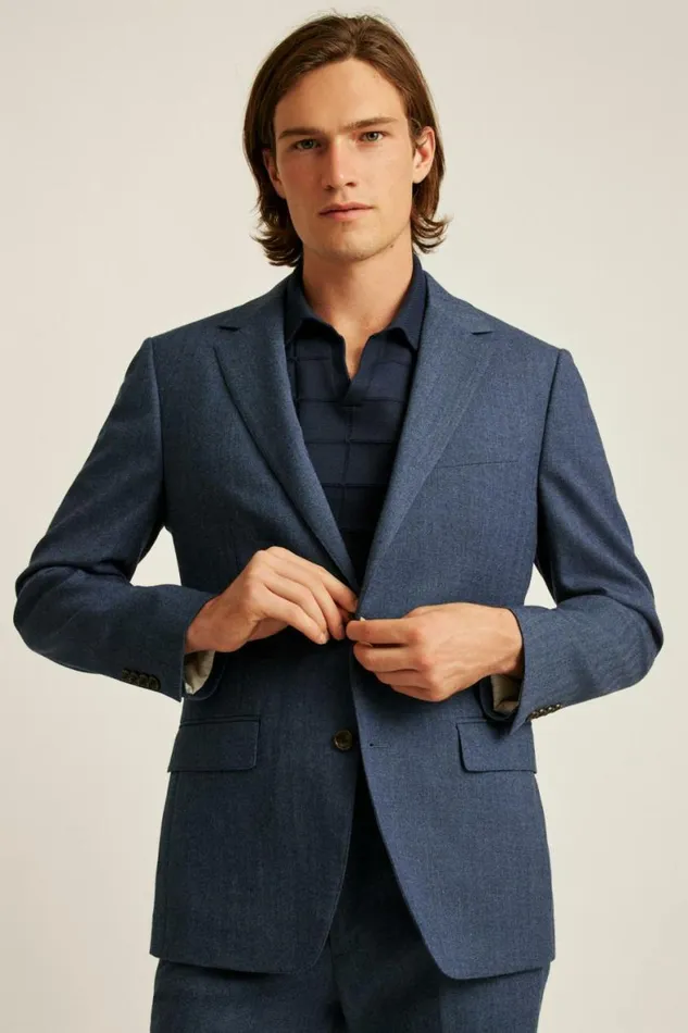 Men Jetsetter Stretch Wool Suit Dark Blue Herringbone Bonobos Suits