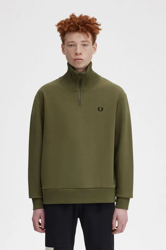 Men Knitted Trim Zip Neck Sweatshirt Uniform Green Fred Perry Sweatshirts