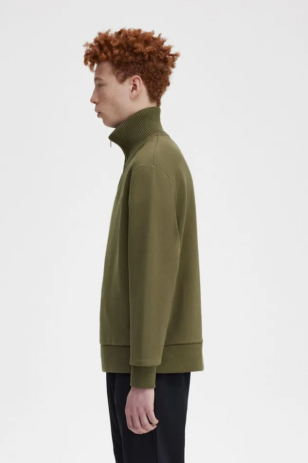 Men Knitted Trim Zip Neck Sweatshirt Uniform Green Fred Perry Sweatshirts