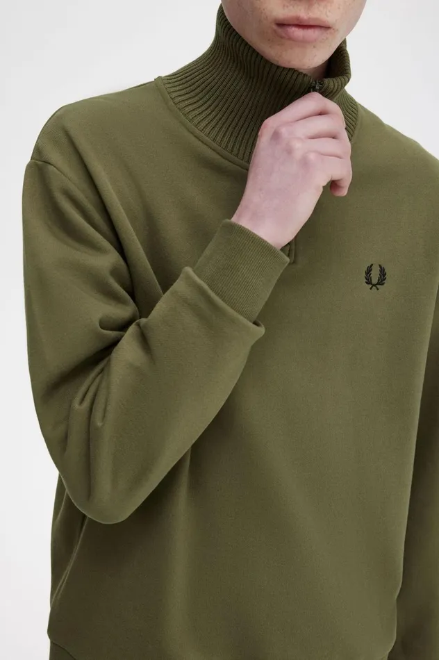Men Knitted Trim Zip Neck Sweatshirt Uniform Green Fred Perry Sweatshirts