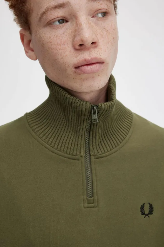 Men Knitted Trim Zip Neck Sweatshirt Uniform Green Fred Perry Sweatshirts