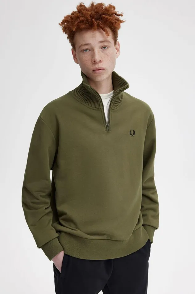 Men Knitted Trim Zip Neck Sweatshirt Uniform Green Fred Perry Sweatshirts