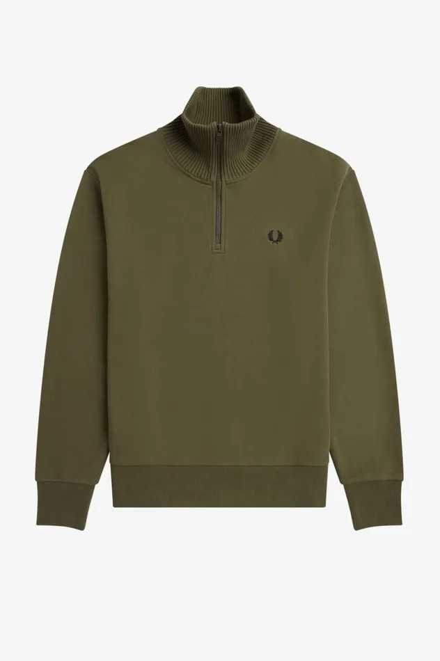 Men Knitted Trim Zip Neck Sweatshirt Uniform Green Fred Perry Sweatshirts