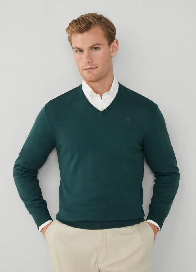Men Knitwear Hackett London Cotton And Silk VNeck Jumper Bottle Green