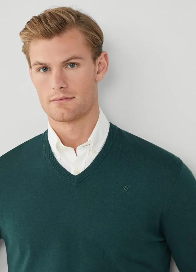 Men Knitwear Hackett London Cotton And Silk VNeck Jumper Bottle Green