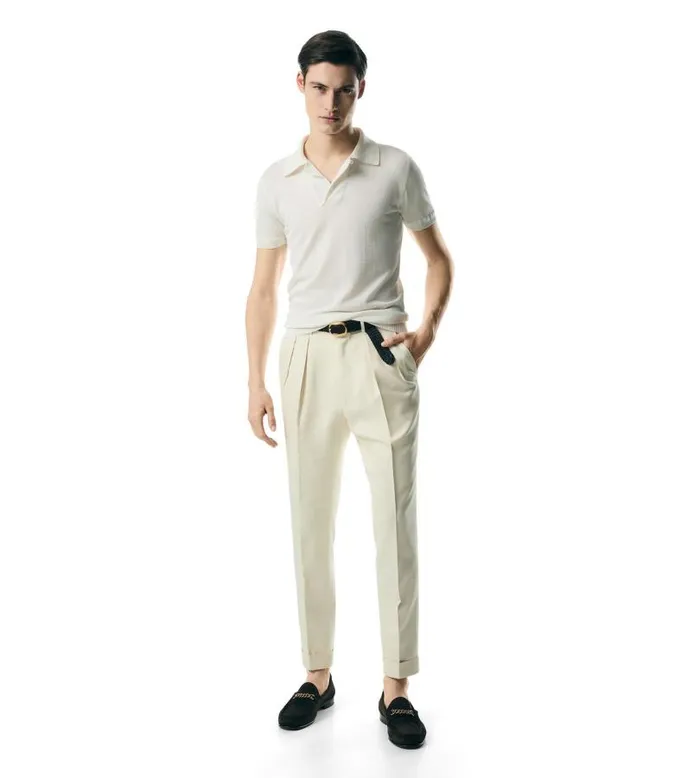 Men Knitwear Tom Ford Micro Textured Piquet Polo Chalk Men Knitwear Tom Ford Micro Textured Piquet Polo Chalk
