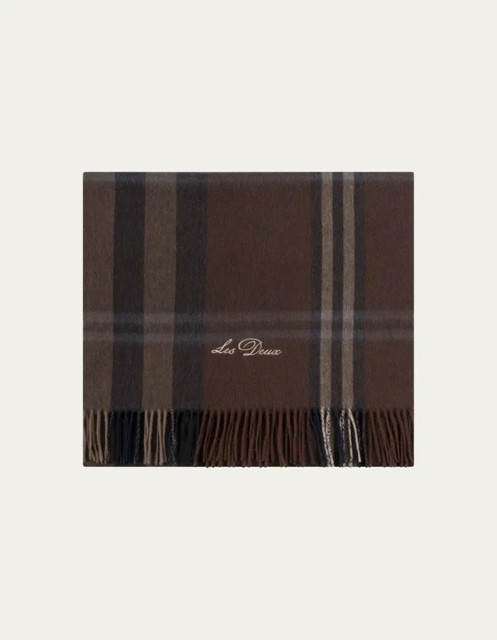 Men Les Deux Check Wool Scarf 8211 Coffee BrownLight Grey Melange Les Deux Scarves