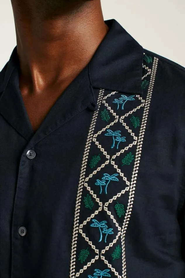 Men Limited Edition Riviera Cabana Shirt Black Palm Embroidery Bonobos Short Sleeve Shirts
