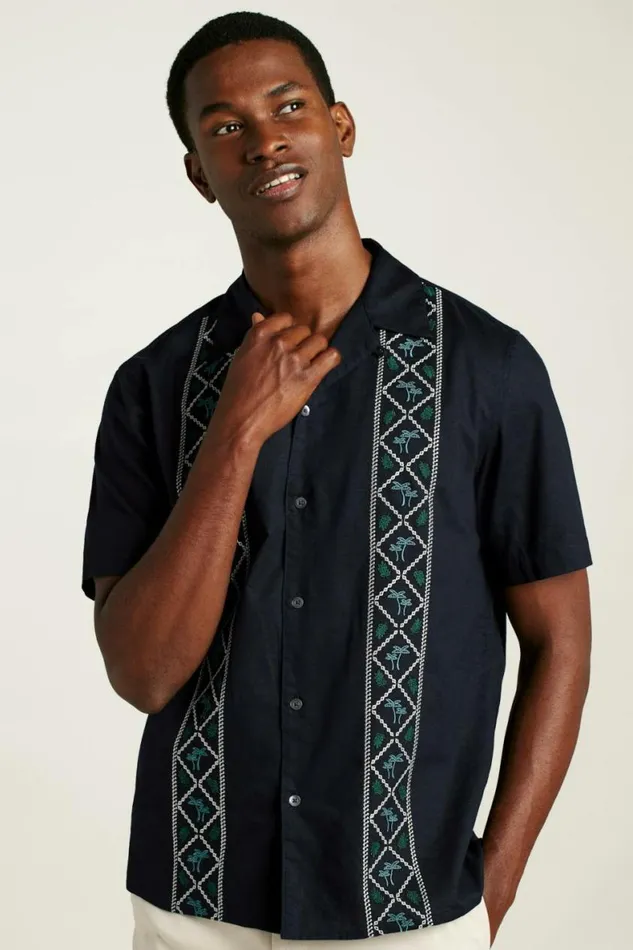 Men Limited Edition Riviera Cabana Shirt Black Palm Embroidery Bonobos Short Sleeve Shirts