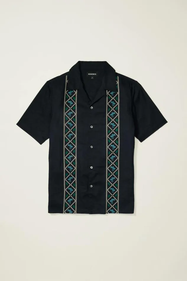 Men Limited Edition Riviera Cabana Shirt Black Palm Embroidery Bonobos Short Sleeve Shirts