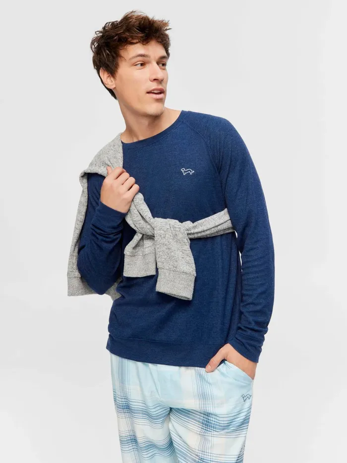Men Navy Waffle Long Sleeve Top Navy Peter Alexander Tops
