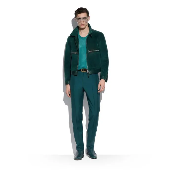 Men Outerwear Tom Ford Brushed Heathered Suede Contrast Zip Blouson Dark Teal Men Outerwear Tom Ford Brushed Heathered Suede Contrast Zip Blouson Dark Teal