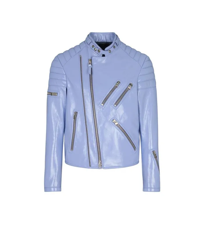 Men Outerwear Tom Ford Shiny Crackled Leather Zip Biker Periwinkle