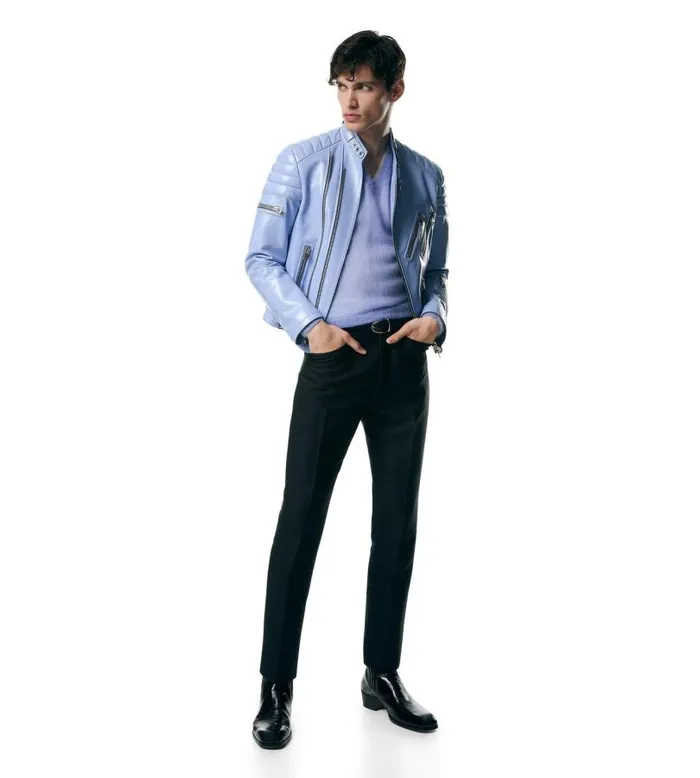 Men Outerwear Tom Ford Shiny Crackled Leather Zip Biker Periwinkle Men Outerwear Tom Ford Shiny Crackled Leather Zip Biker Periwinkle