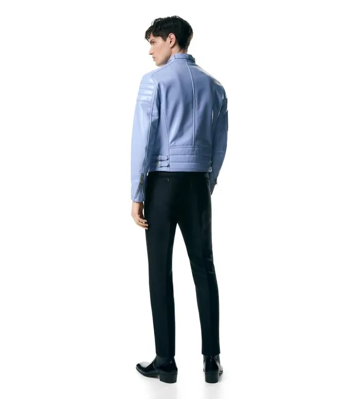 Men Outerwear Tom Ford Shiny Crackled Leather Zip Biker Periwinkle Men Outerwear Tom Ford Shiny Crackled Leather Zip Biker Periwinkle