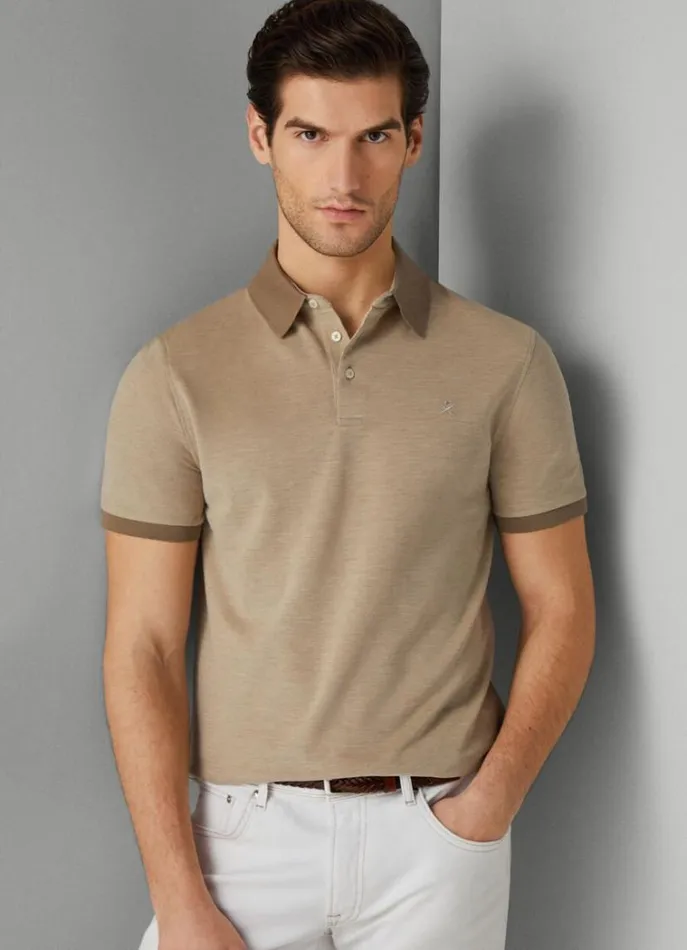 Men Polo Shirts Hackett London Slim Fit Wool And Silk Pique Polo Camel Beige