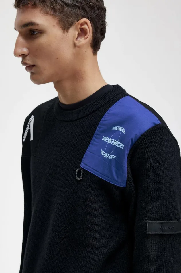 Men Raf SimonsPatch Detail Jumper Black Fred Perry Knitwear