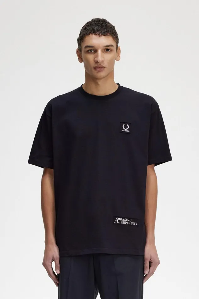 Men Raf SimonsPrinted Patch Relaxed TShirt Black Fred Perry TShirts