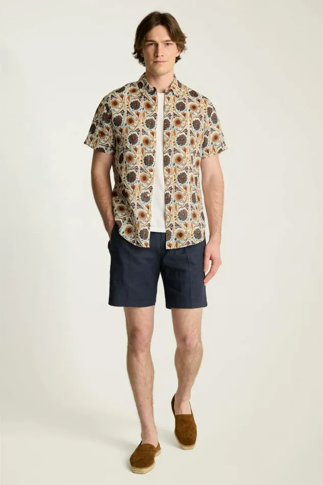 Men Riviera Linen Short Sleeve Shirt Navy Orange Floral Bonobos Casual Shirts