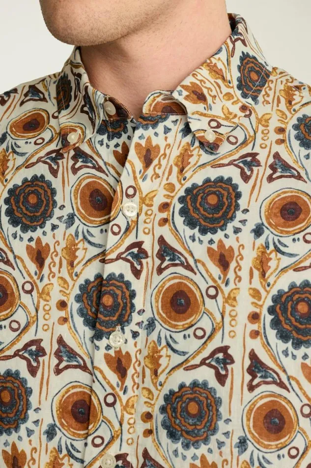 Men Riviera Linen Short Sleeve Shirt Navy Orange Floral Bonobos Casual Shirts