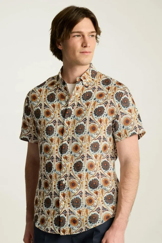 Men Riviera Linen Short Sleeve Shirt Navy Orange Floral Bonobos Casual Shirts