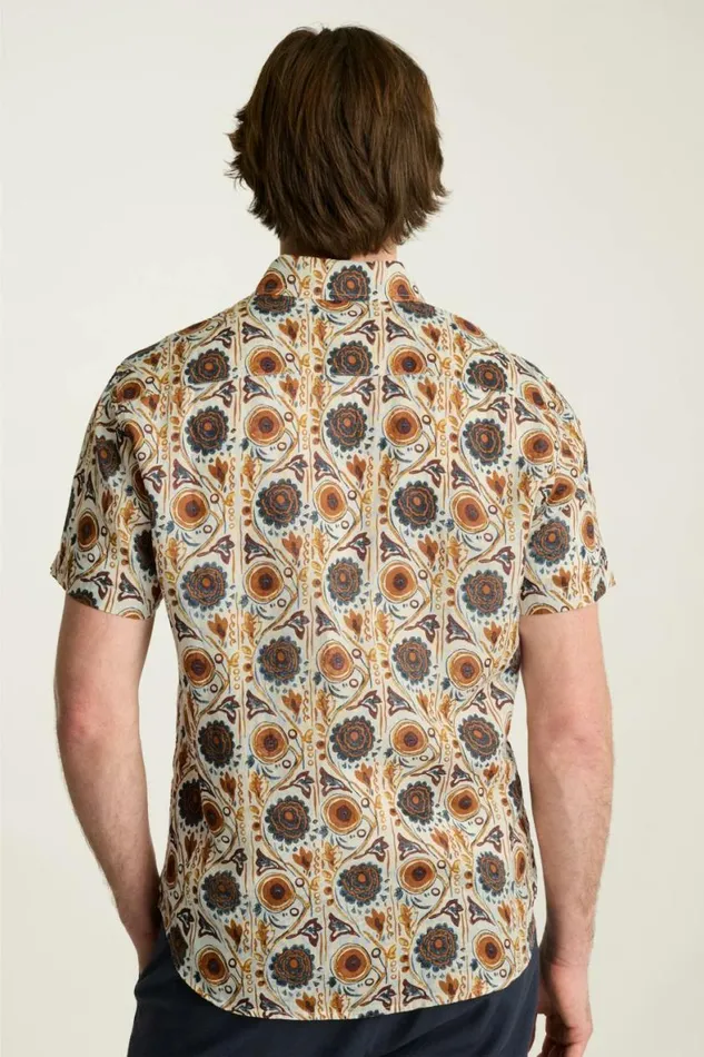 Men Riviera Linen Short Sleeve Shirt Navy Orange Floral Bonobos Casual Shirts