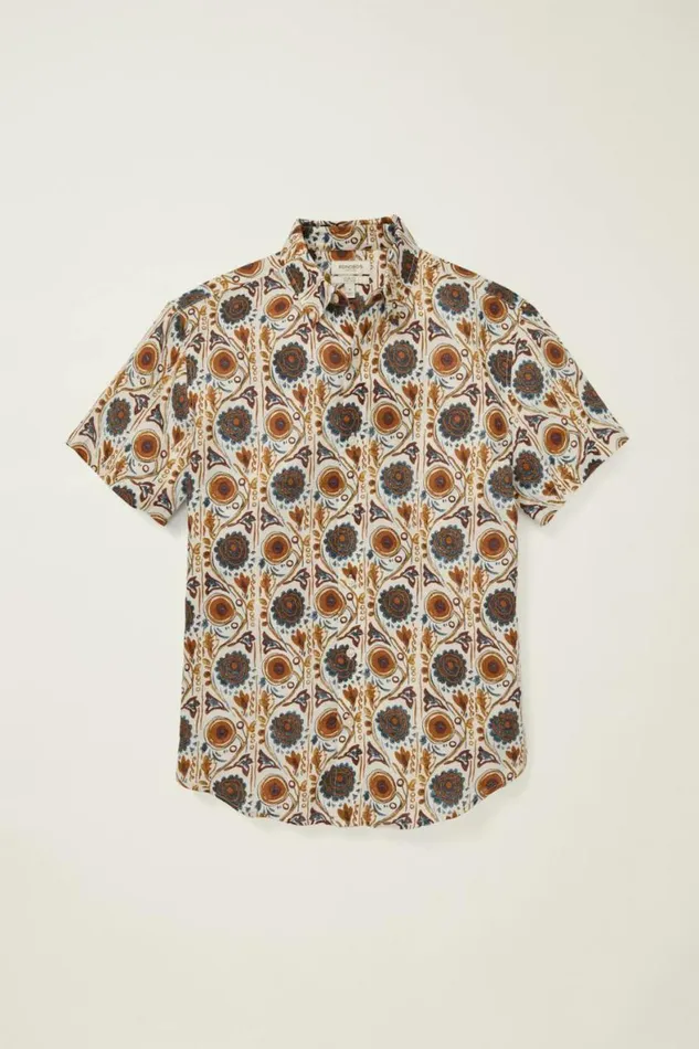 Men Riviera Linen Short Sleeve Shirt Navy Orange Floral Bonobos Casual Shirts