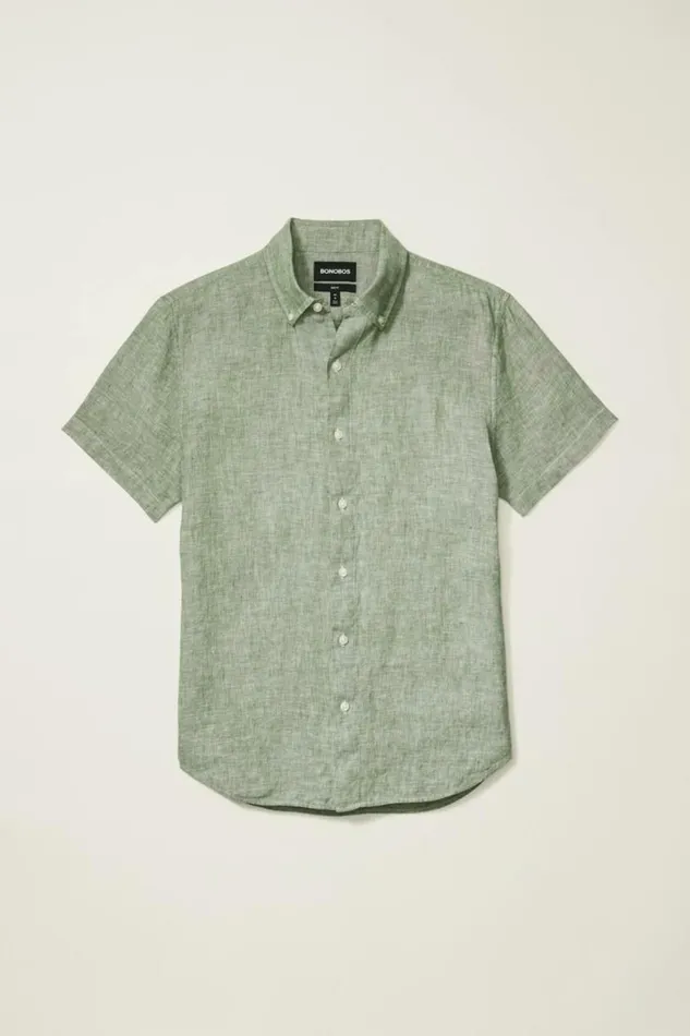 Men Riviera Short Sleeve Shirt Green Juice Linen Bonobos Short Sleeve Shirts