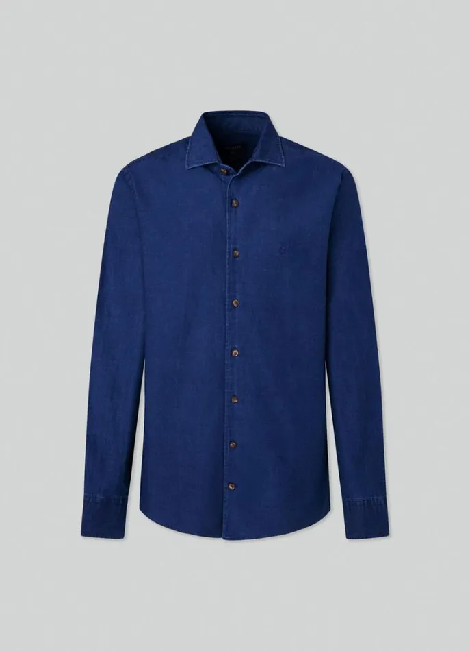 Men Shirts Hackett London Slim Fit Denim Shirt Indigo Blue
