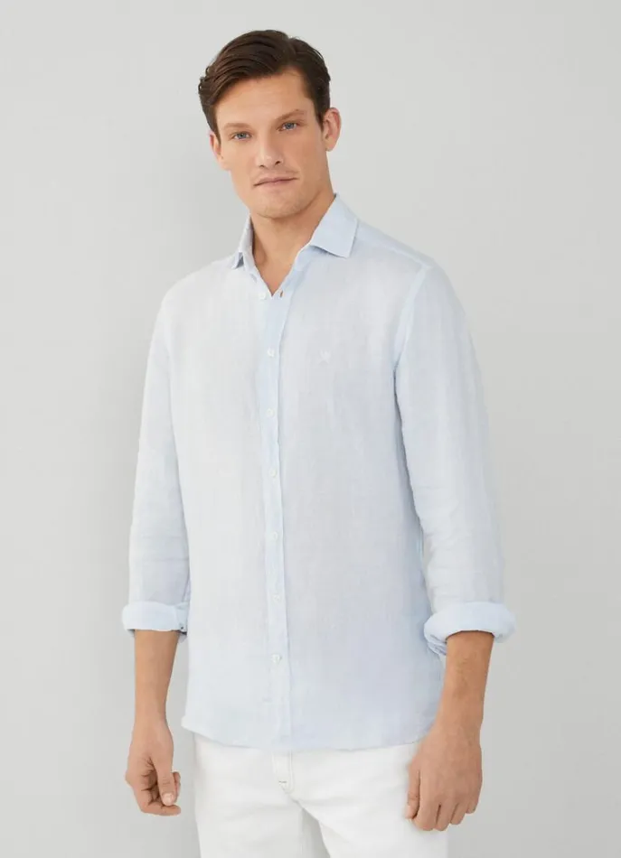 Men Shirts Hackett London Slim Fit Linen Shirt Sky Blue