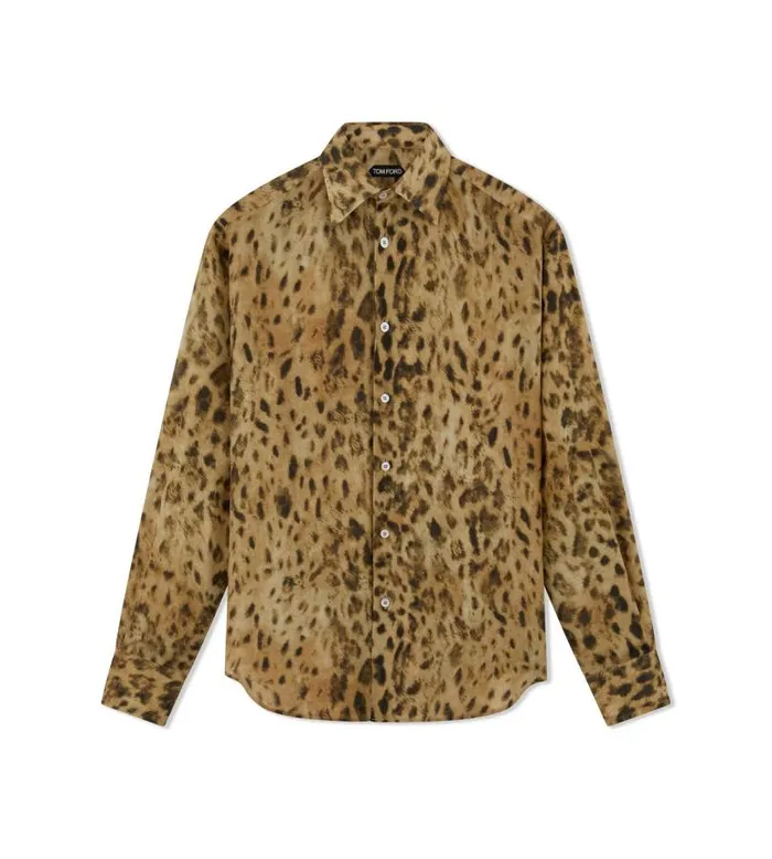 Men Shirts Tom Ford Distressed Leopard Crepe De Chine Fluid Fit Shirt Leopard